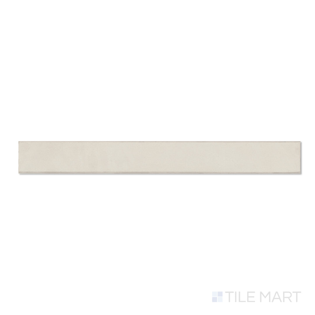Top view of Sahara White 3x24 matte porcelain bullnose tile, presenting a bright clean surface and soft bullnose contour.