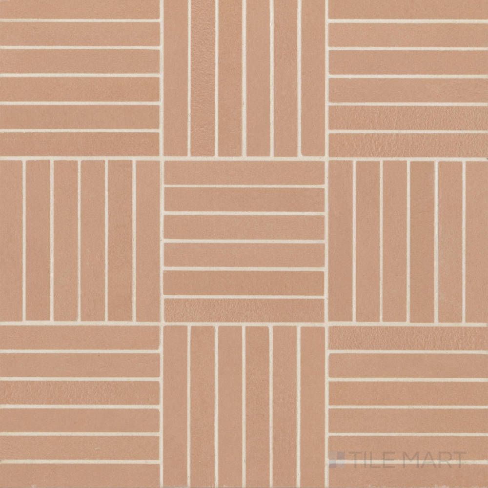 Overview of Sahara Cotto 5/8x4 crosshatch matte porcelain mosaic tile, featuring warm terracotta tones in a detailed linear pattern.