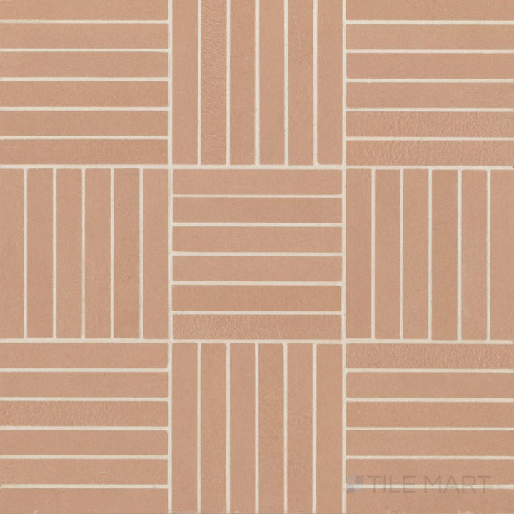 Overview of Sahara Cotto 5/8x4 crosshatch matte porcelain mosaic tile, featuring warm terracotta tones in a detailed linear pattern.