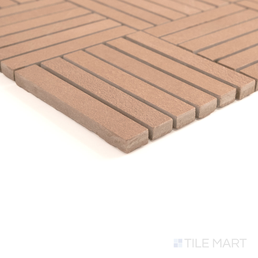 Top view of Sahara Cotto crosshatch matte porcelain mosaic showcasing its warm tone and textured grid pattern.