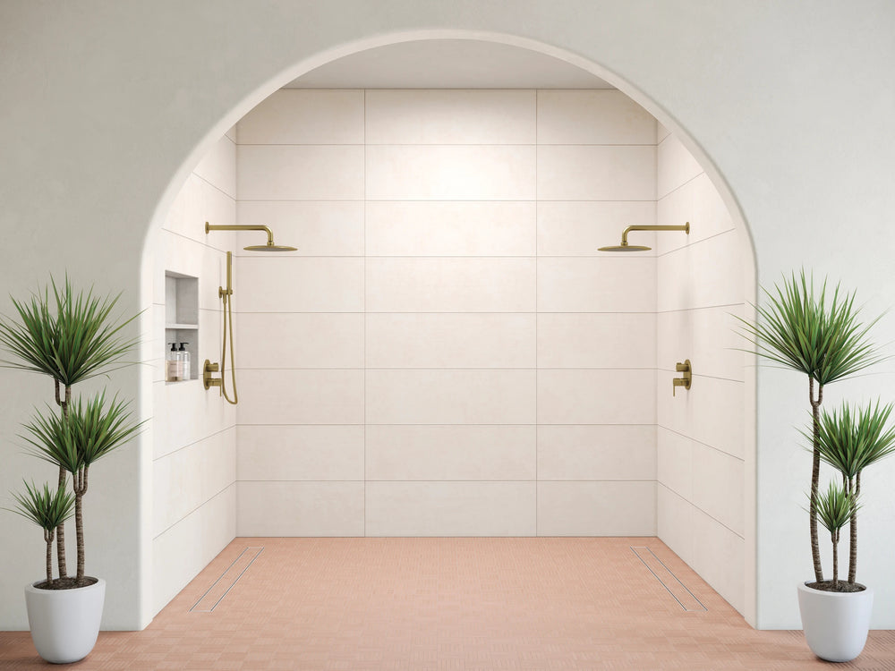 Sahara Rose crosshatch matte porcelain mosaic styled in an elevated space with warm blush texture