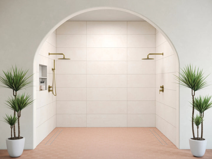 Sahara Rose crosshatch matte porcelain mosaic styled in an elevated space with warm blush texture