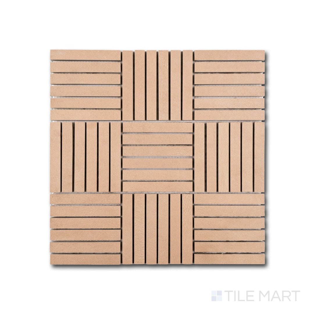 Close view of Sahara Rose crosshatch matte porcelain mosaic revealing fine texture and warm blush tones