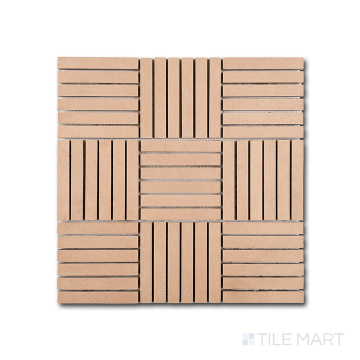 Close view of Sahara Rose crosshatch matte porcelain mosaic revealing fine texture and warm blush tones