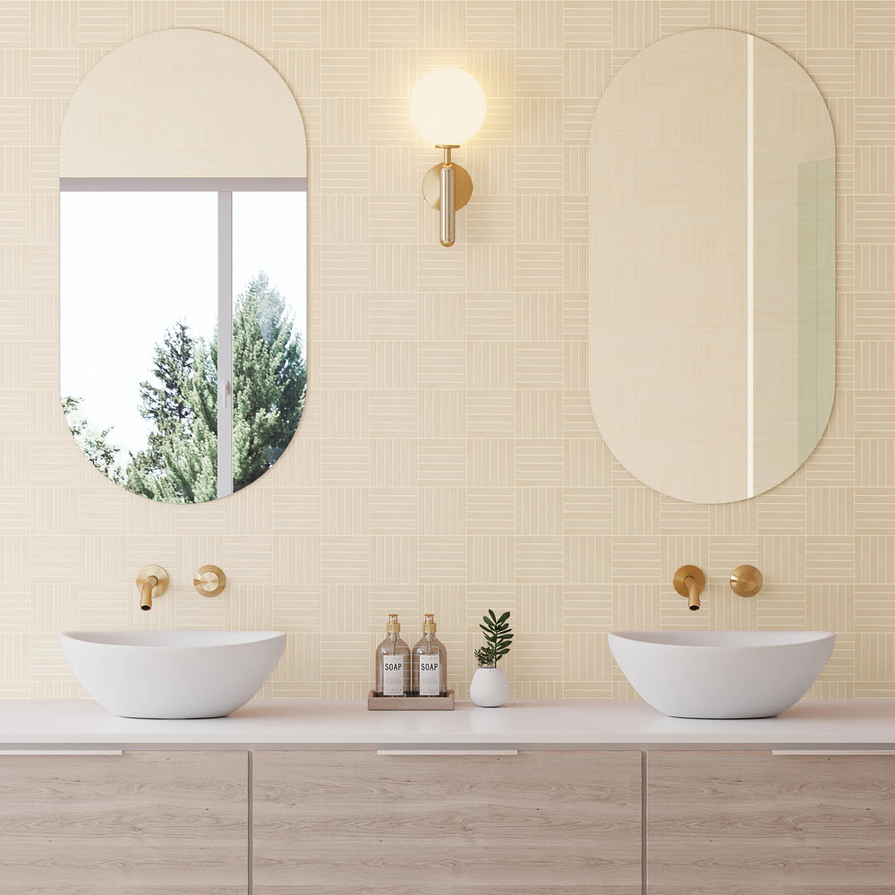 Sahara Ecru Crosshatch Matte Mosaic displayed in a modern environment, emphasizing neutral warmth and refined surface detail.