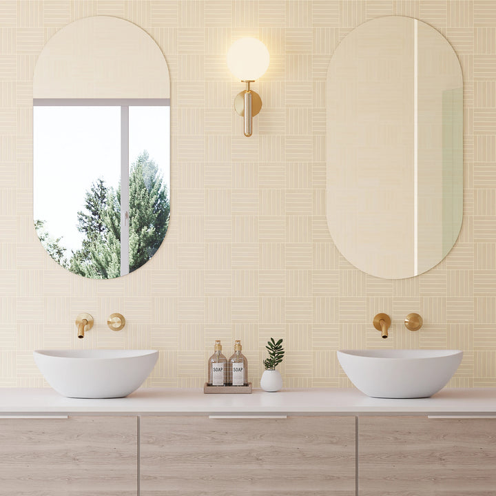 Sahara Ecru Crosshatch Matte Mosaic displayed in a modern environment, emphasizing neutral warmth and refined surface detail.