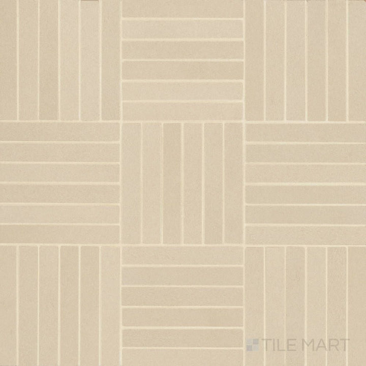 Sahara Ecru 5/8x4 crosshatch matte porcelain mosaic displayed in full, with neutral beige tones and an intricate, modern layout.