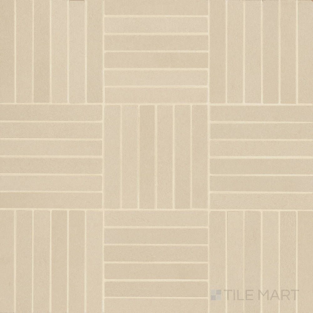 Sahara Ecru 5/8x4 crosshatch matte porcelain mosaic displayed in full, with neutral beige tones and an intricate, modern layout.