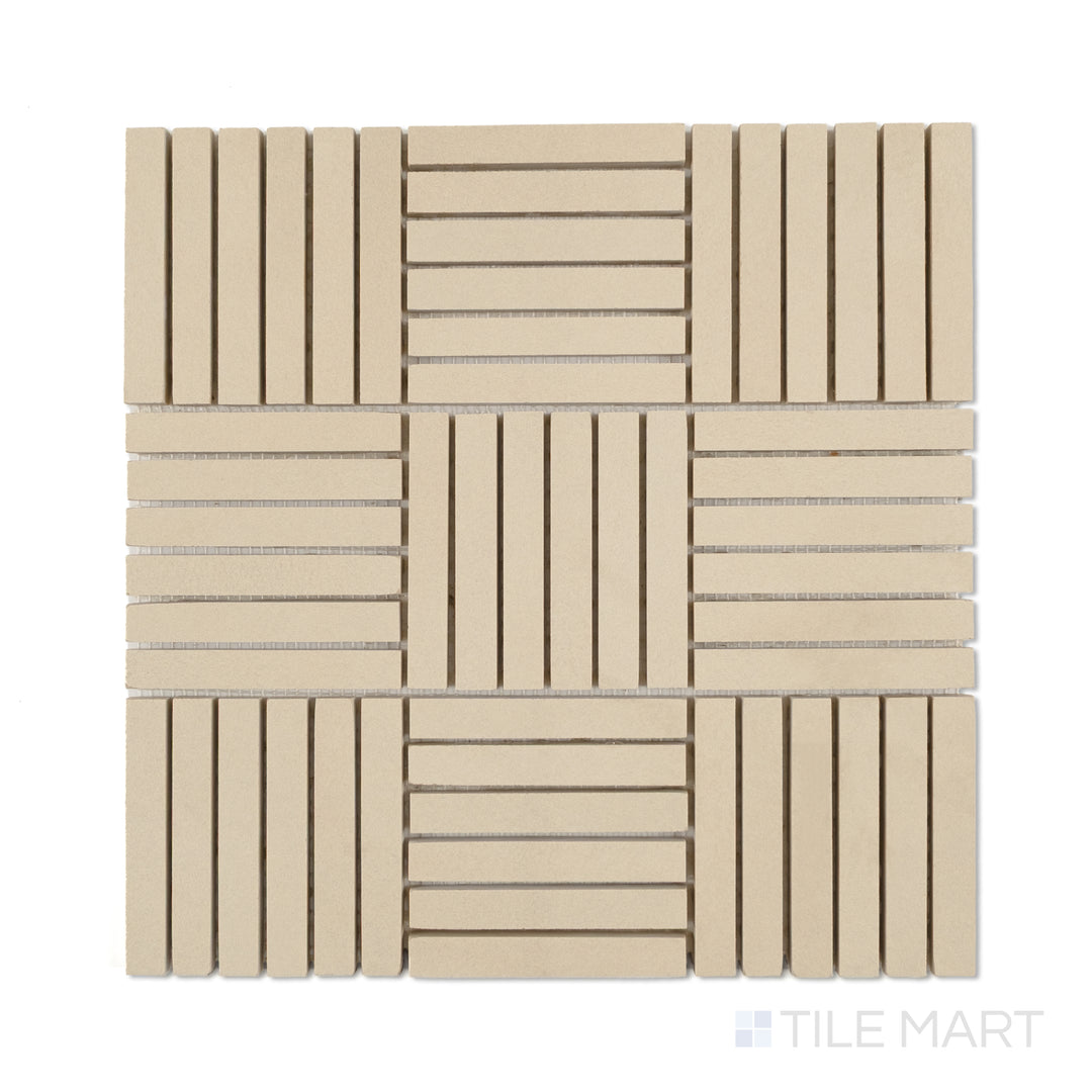 Overhead view of Sahara Ecru 5/8x4 crosshatch matte porcelain mosaic tile, showcasing creamy neutral tones in a tight interlocking layout.