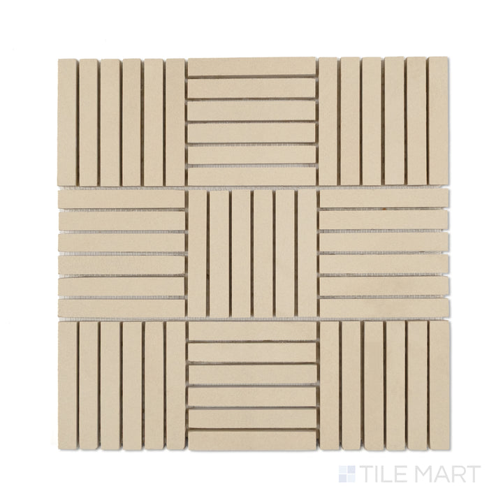 Overhead view of Sahara Ecru 5/8x4 crosshatch matte porcelain mosaic tile, showcasing creamy neutral tones in a tight interlocking layout.