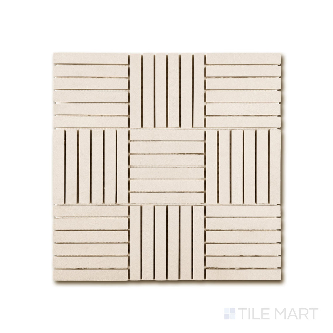 Top-down detail of Sahara White crosshatch matte porcelain mosaic with crisp pattern and subtle texture