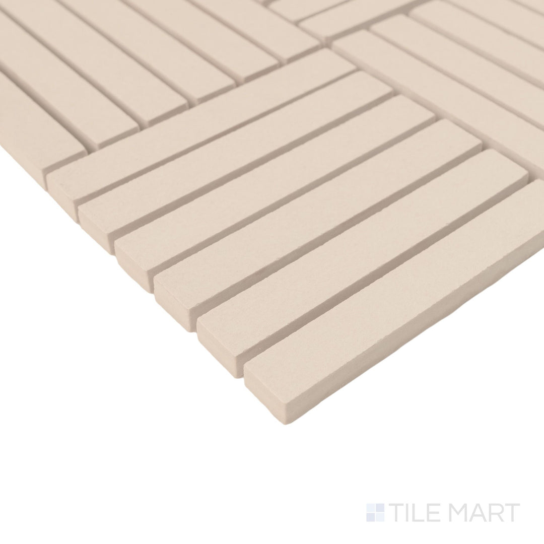 Corner angle of Sahara White crosshatch matte porcelain mosaic with crisp pattern and subtle surface detail