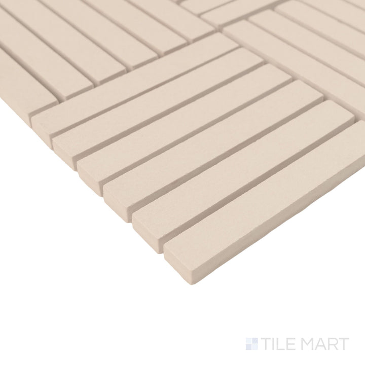 Corner angle of Sahara White crosshatch matte porcelain mosaic with crisp pattern and subtle surface detail