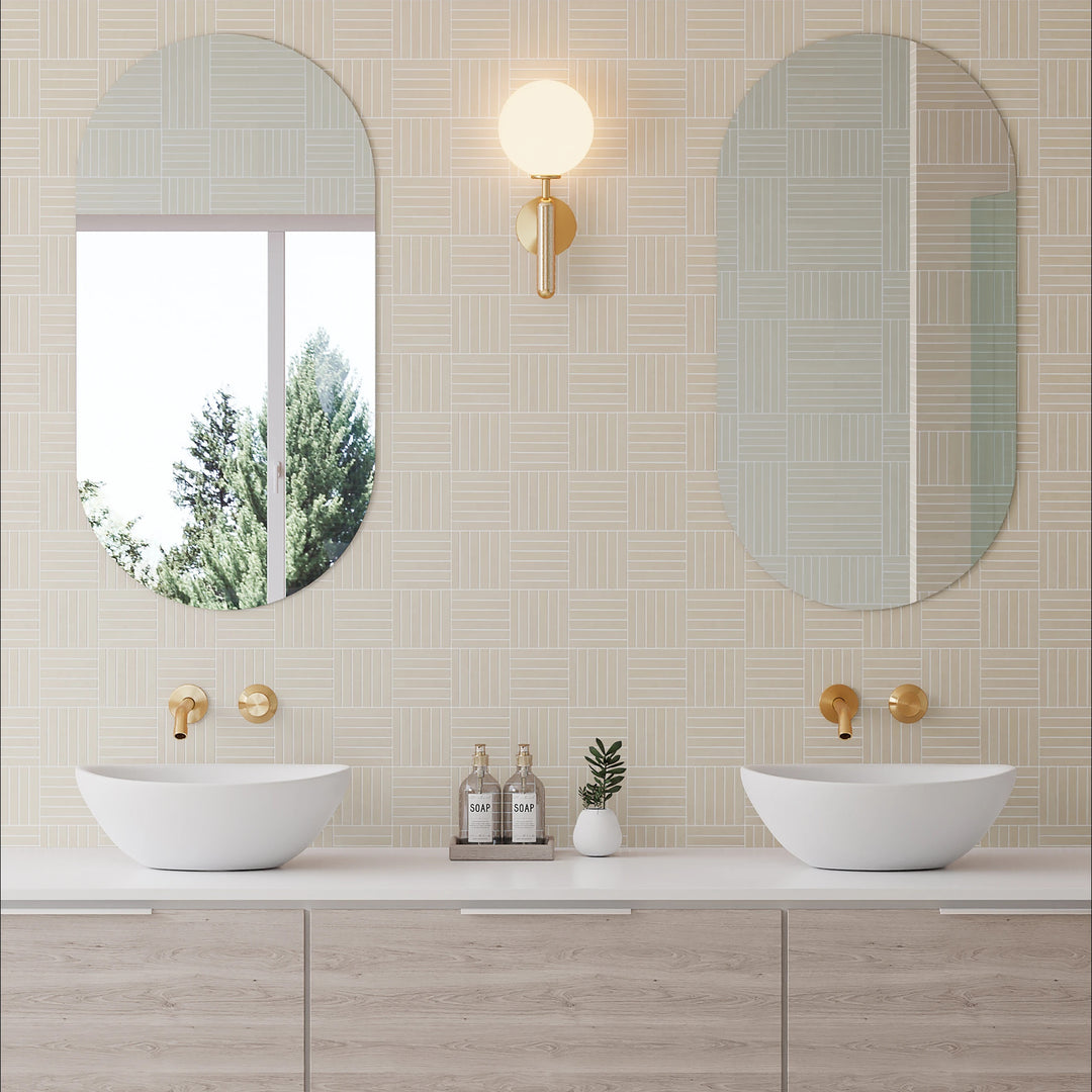 Sahara Grey 5/8x4 crosshatch matte porcelain mosaic shown with cool grey tones and a modern crosshatch pattern.