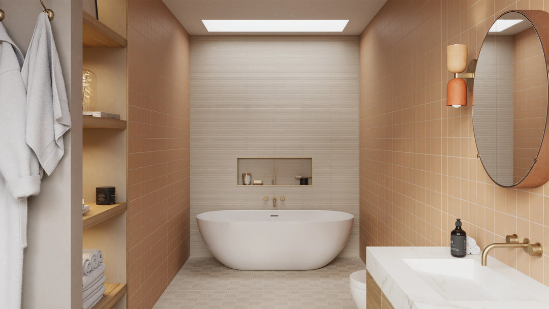 Designed with modern texture, Sahara Grey 5/8x4 crosshatch matte porcelain mosaic adds depth to neutral surfaces.