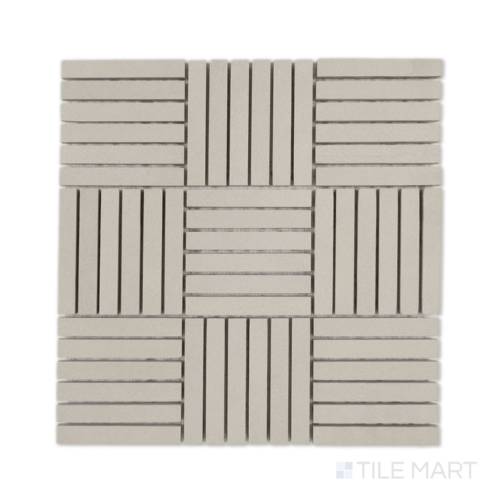 Flat-lay of Sahara Grey 5/8x4 crosshatch matte porcelain mosaic, emphasizing cool grey strips in a precise crosshatch formation.