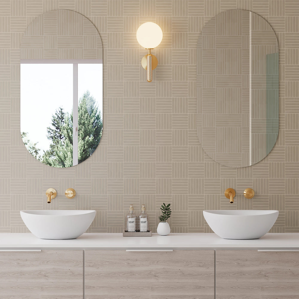 Sahara Taupe Crosshatch Matte Mosaic featured in a designed interior, blending warm undertones with modern linear movement.