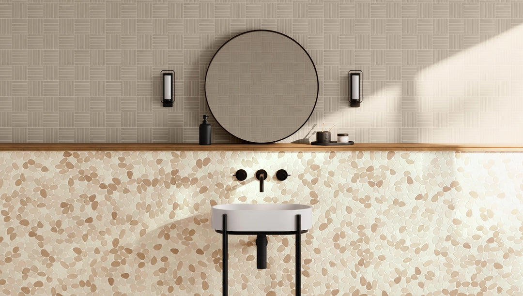 Sahara Taupe 5/8x4 crosshatch matte porcelain mosaic displayed with warm taupe hues in a decorative surface.