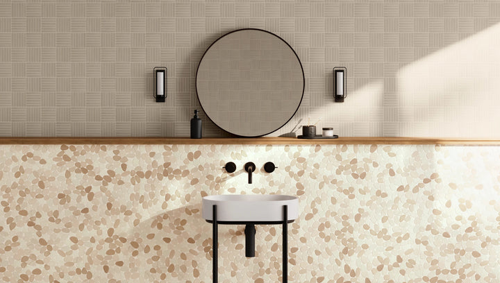 Sahara Taupe 5/8x4 crosshatch matte porcelain mosaic displayed with warm taupe hues in a decorative surface.