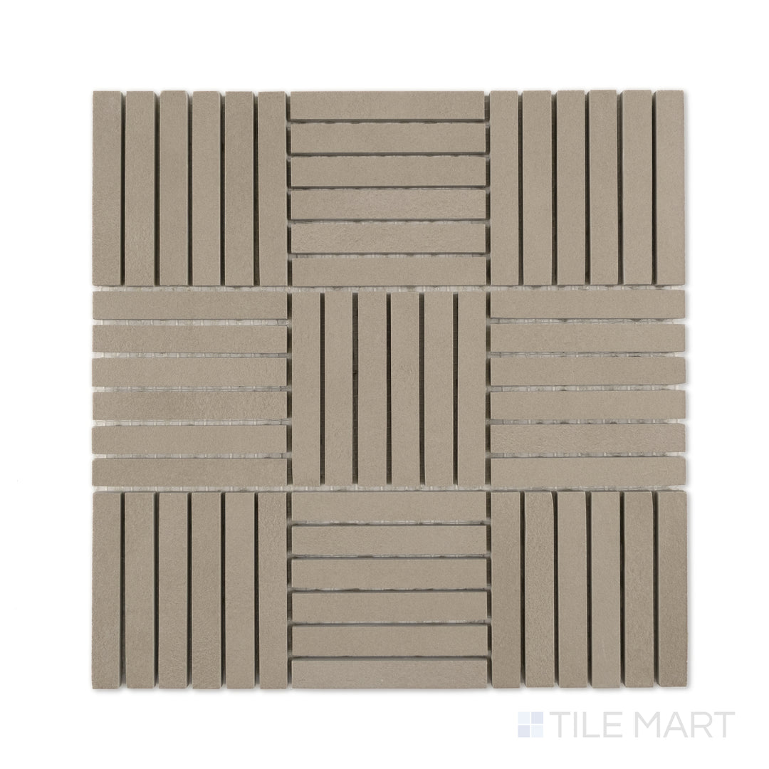 Top-down shot of Sahara Taupe 5/8x4 crosshatch matte porcelain mosaic, with warm earthy taupe strips woven into a geometric layout.