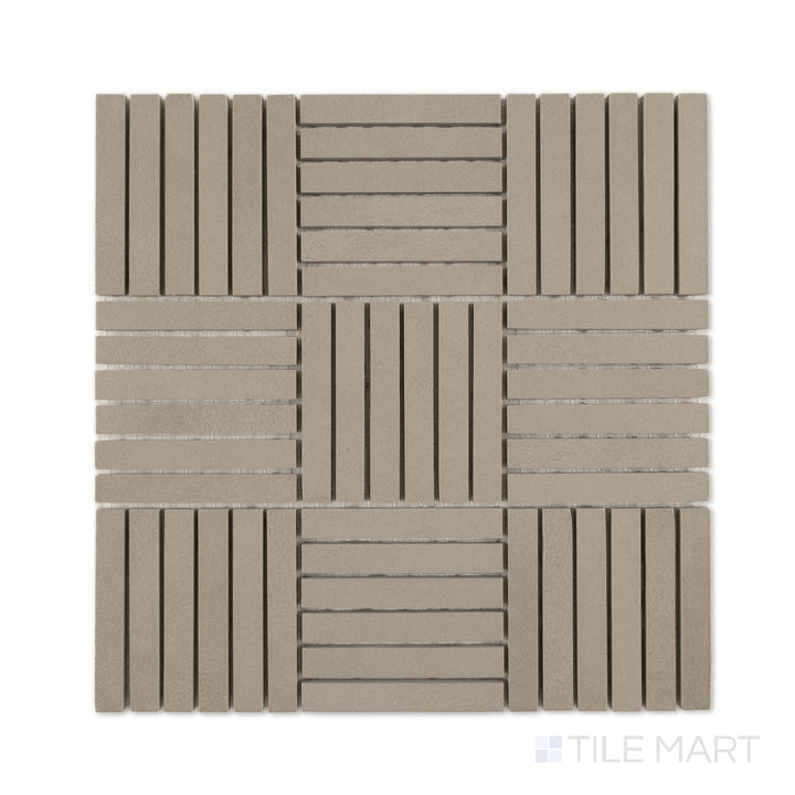 Top-down shot of Sahara Taupe 5/8x4 crosshatch matte porcelain mosaic, with warm earthy taupe strips woven into a geometric layout.