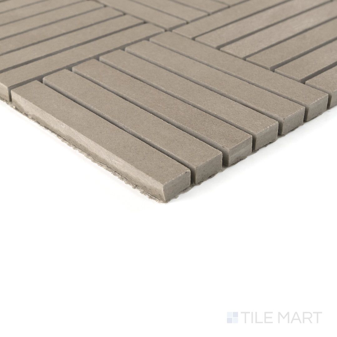 Top angle of Sahara Taupe crosshatch matte porcelain mosaic featuring its warm tone and elegant linear grid.