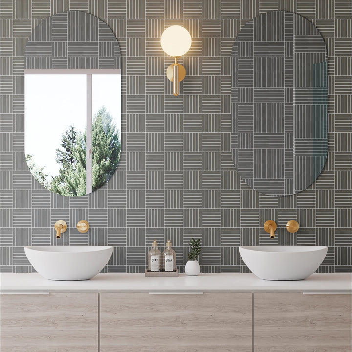 Sahara Dark Crosshatch Matte Mosaic styled in a contemporary space, adding depth through rich tone and refined texture.
