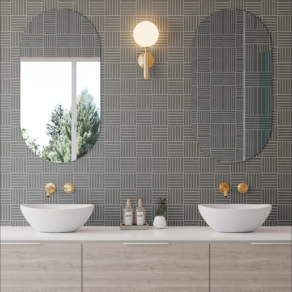 Sahara Dark Crosshatch Matte Mosaic styled in a contemporary space, adding depth through rich tone and refined texture.