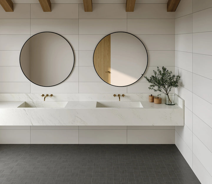 Sahara Dark 5/8x4 crosshatch matte porcelain mosaic with deep tones in a refined lifestyle view.