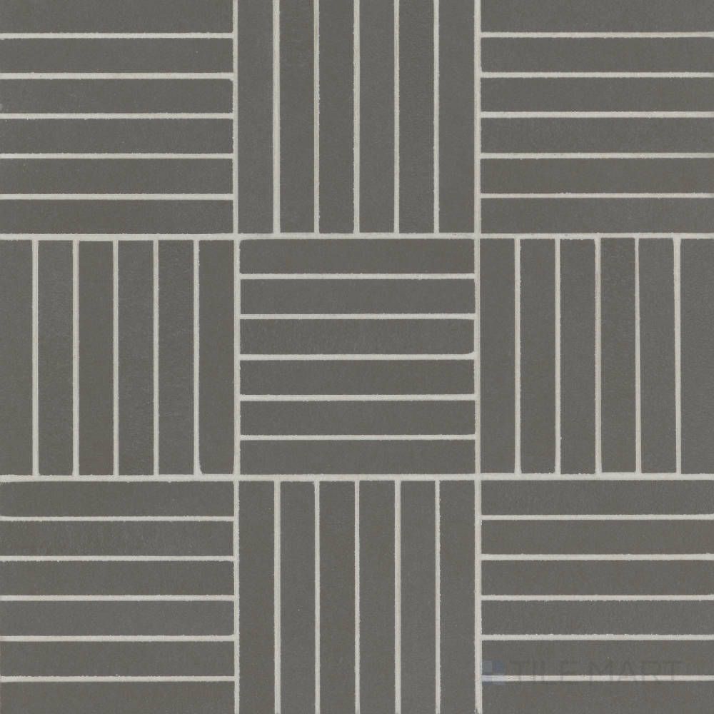 Overview of Sahara Dark 5/8x4 crosshatch matte porcelain mosaic, offering a bold dark tone with subtle texture in a refined mosaic layout.