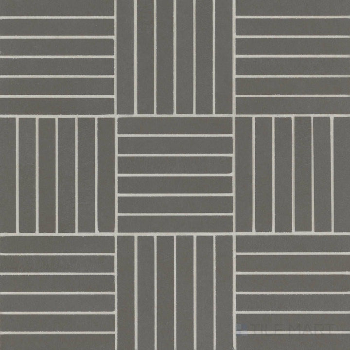 Overview of Sahara Dark 5/8x4 crosshatch matte porcelain mosaic, offering a bold dark tone with subtle texture in a refined mosaic layout.