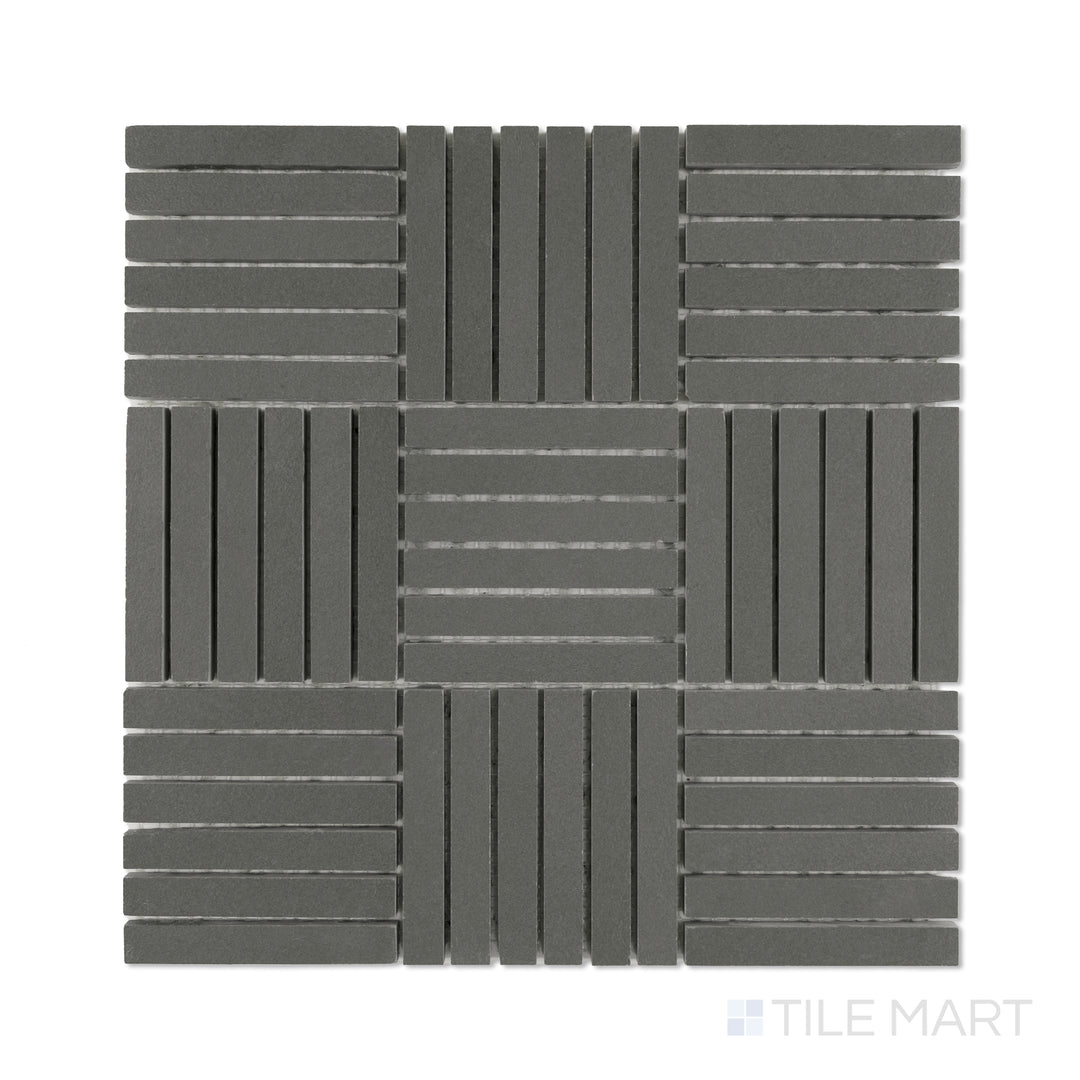 Overhead perspective of Sahara Dark 5/8x4 crosshatch matte porcelain mosaic tile, displaying deep grey tones in a structured crosshatch design.