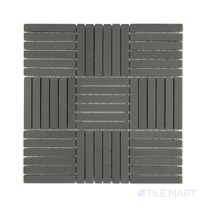 Overhead perspective of Sahara Dark 5/8x4 crosshatch matte porcelain mosaic tile, displaying deep grey tones in a structured crosshatch design.