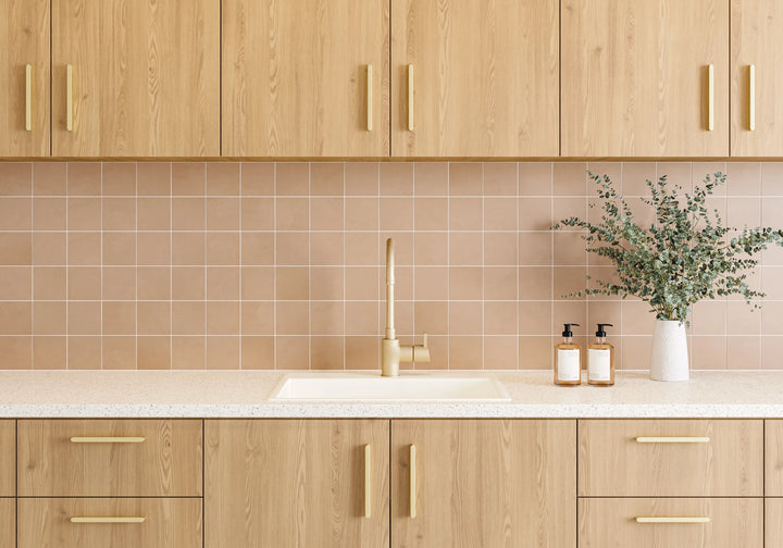 Sahara Cotto Square Matte Mosaic displayed in a warm modern interior, highlighting its earthy hue and soft matte texture.