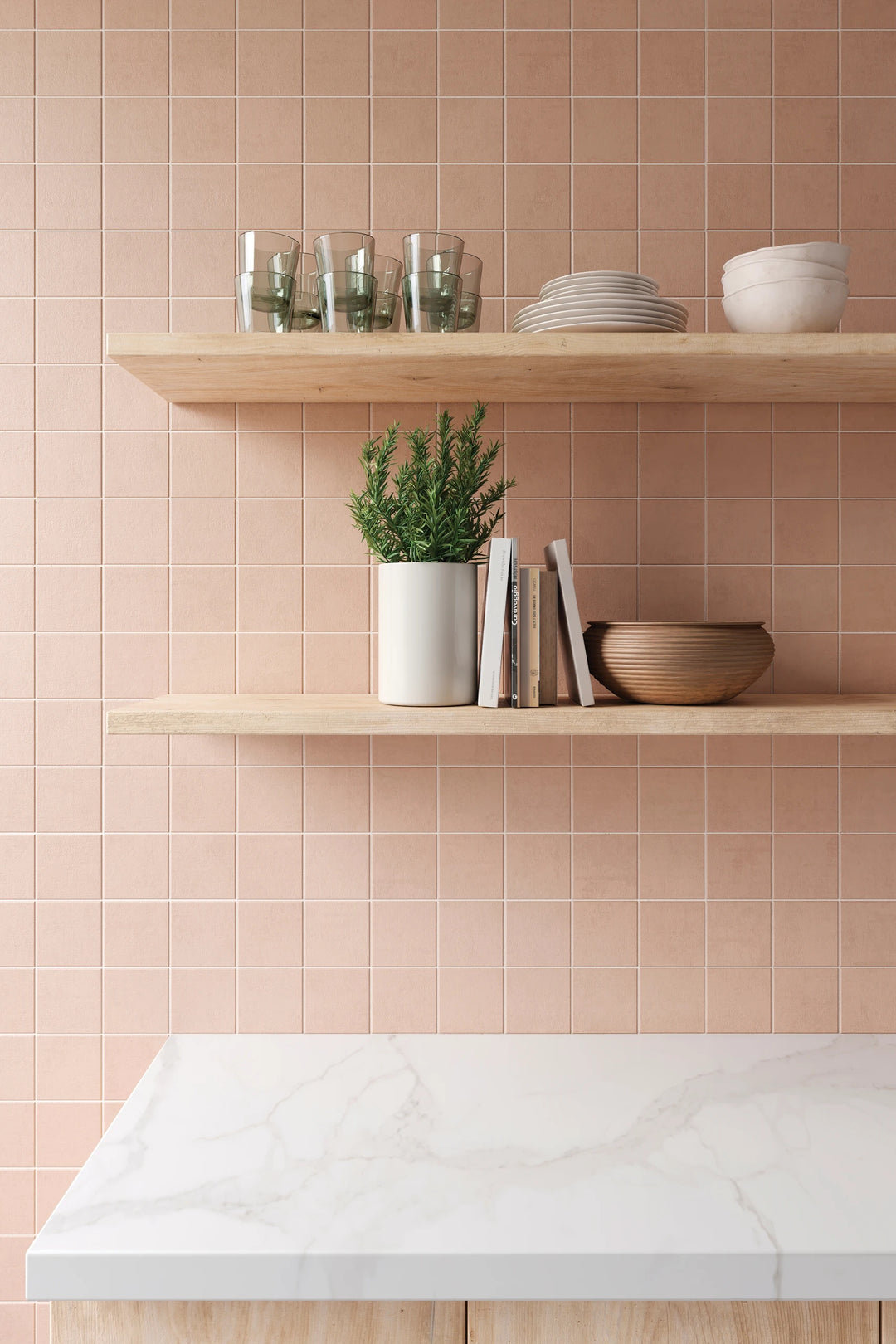 Sahara Rose Square Matte Mosaic featured in a styled space, showcasing its blush undertones and refined natural surface.