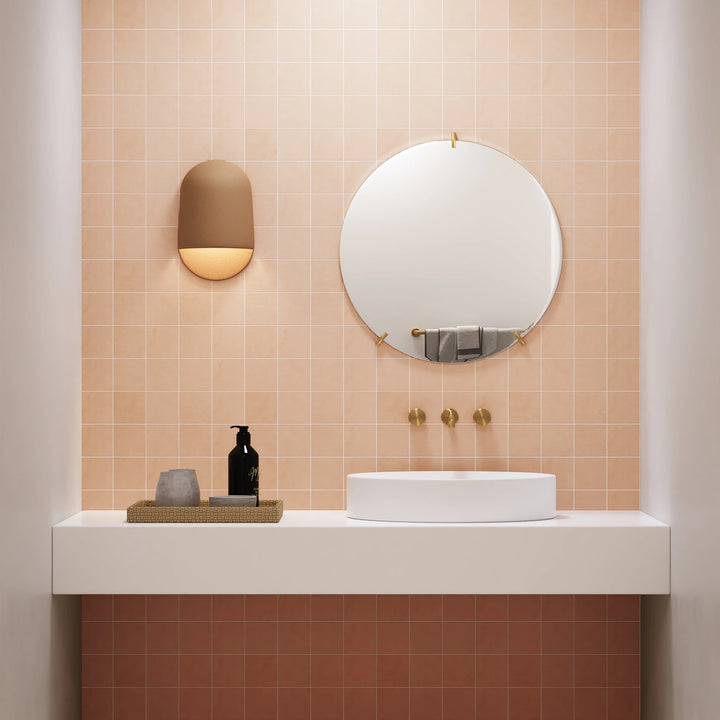 Sahara Rose 4" square matte porcelain mosaic featuring soft pink hues in a textured surface display.