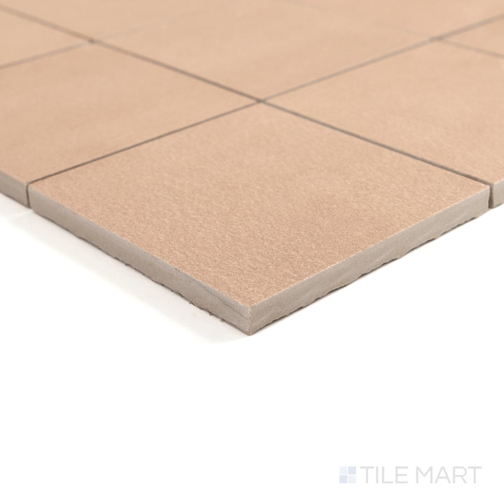 Corner detail of Sahara Rose 4" square matte porcelain mosaic highlighting its blush hue and refined matte finish.