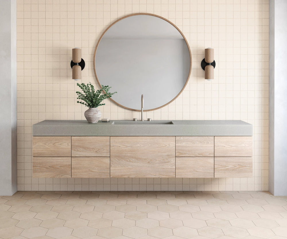 Sahara White Square Matte Mosaic shown in a bright, minimalist room, emphasizing clean lines and subtle matte finish.