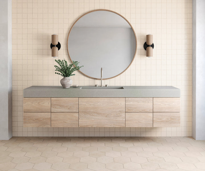 Sahara White Square Matte Mosaic shown in a bright, minimalist room, emphasizing clean lines and subtle matte finish.