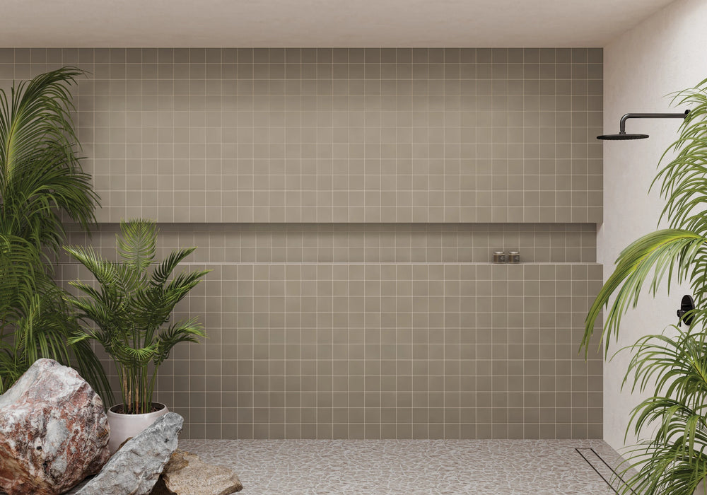 Sahara Taupe Square Matte Mosaic styled in a modern scene, showcasing gentle warmth and refined stone-look depth.