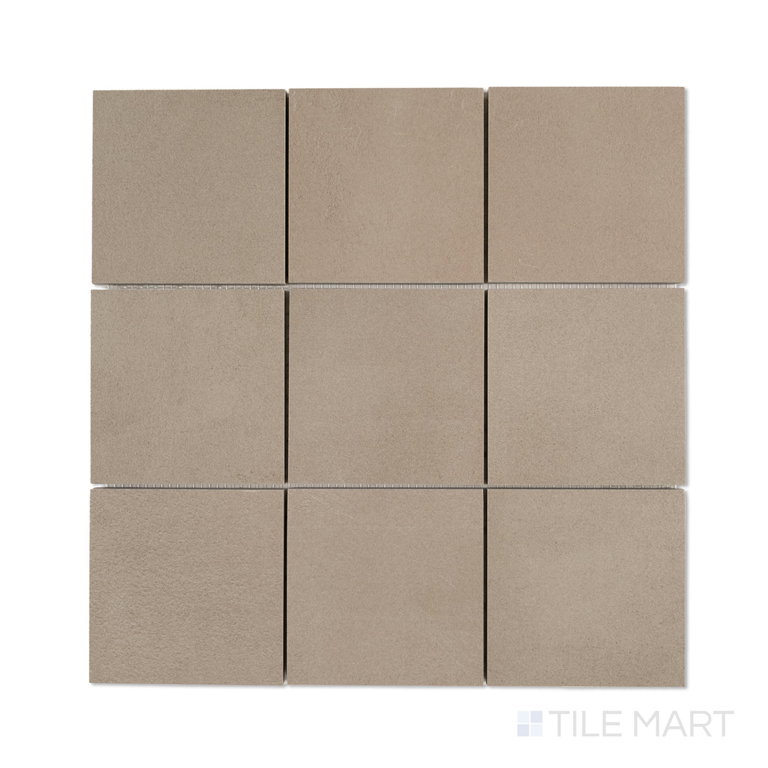 Overhead view of Sahara Taupe 4-inch square matte porcelain mosaic, presenting warm taupe squares in a classic mosaic format.