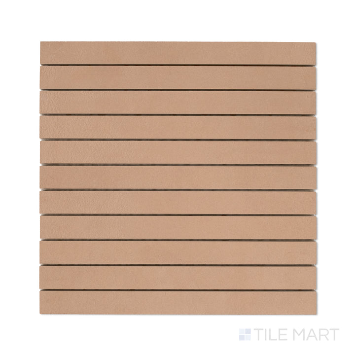 Top-down image of Sahara Cotto 1x12 matte porcelain mosaic, featuring narrow terracotta-toned strips in a horizontal layout.