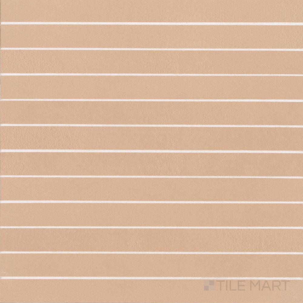 Overview of Sahara Rose 1x12 matte porcelain mosaic, combining narrow tile pieces with warm, blush tones and a matte stone look.