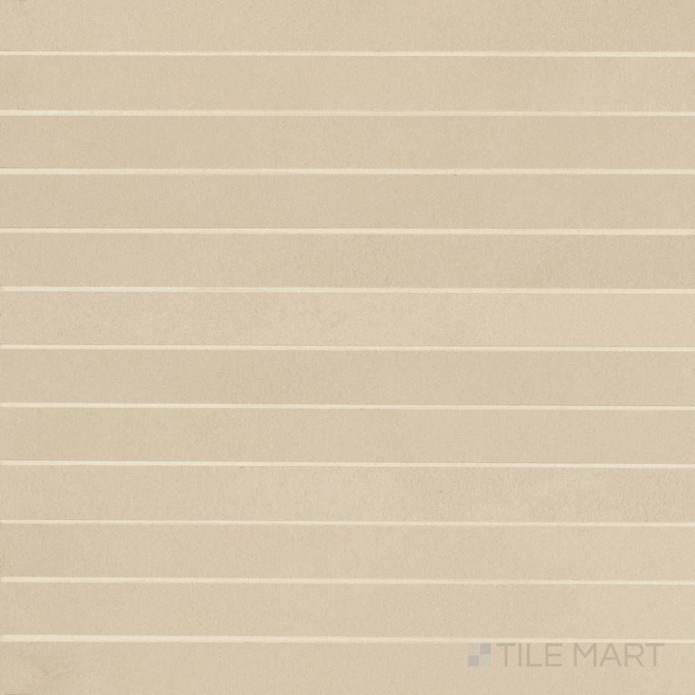 Sahara Ecru 1x12 matte porcelain mosaic tile shown in a horizontal layout, featuring subtle beige tones with natural stone texture.