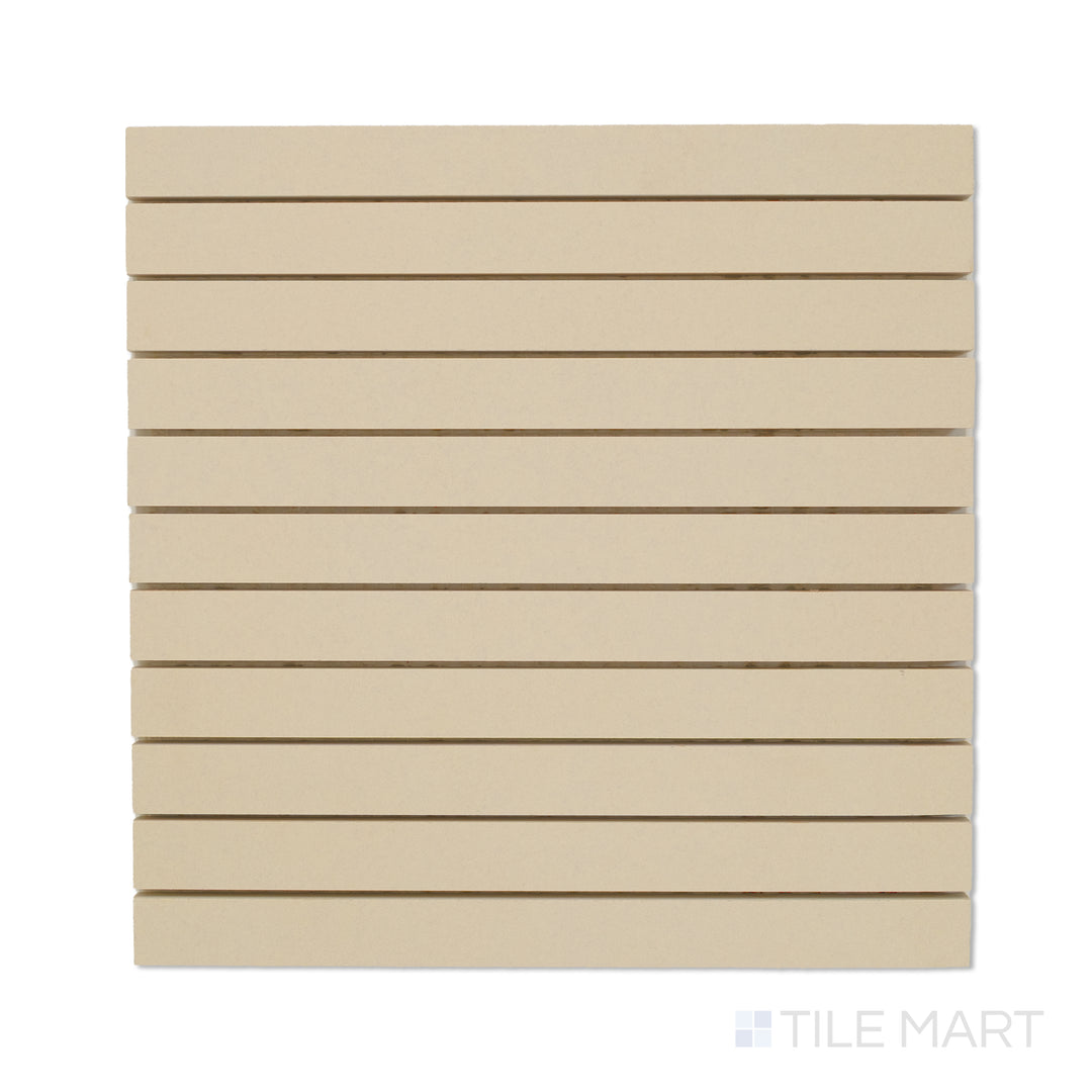 Overhead view of Sahara Ecru 1x12 matte porcelain mosaic, presenting slim beige-toned tiles aligned in a linear grid.