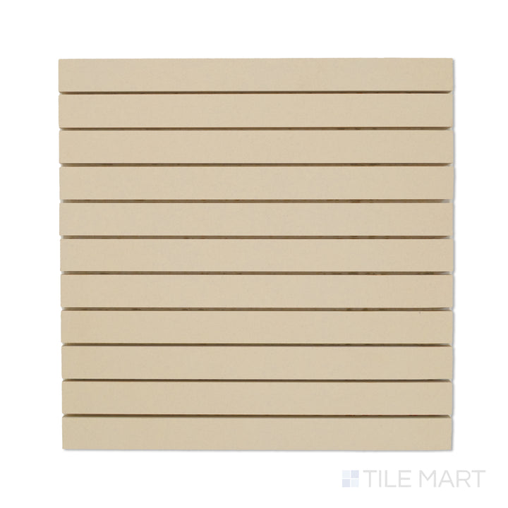 Overhead view of Sahara Ecru 1x12 matte porcelain mosaic, presenting slim beige-toned tiles aligned in a linear grid.