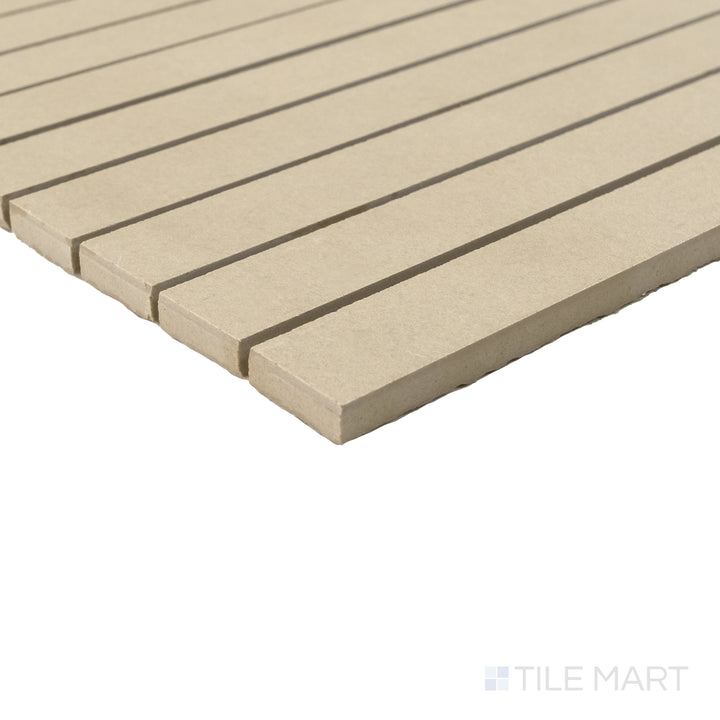 Corner view of Sahara Ecru 1x12 matte porcelain mosaic capturing its creamy tone and sleek rectangular profile.