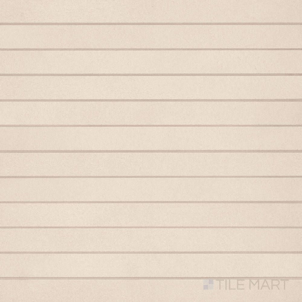 Sahara White 1x12 matte porcelain mosaic tile in overview, presenting a crisp white finish in a modern linear mosaic style.