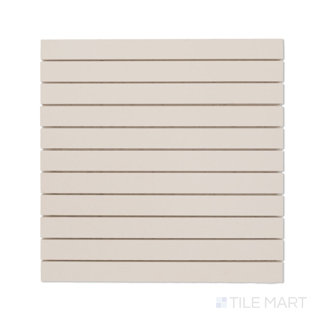 Top-down view of Sahara White 1x12 matte porcelain mosaic, with bright white narrow tiles laid out in a uniform strip mosaic.