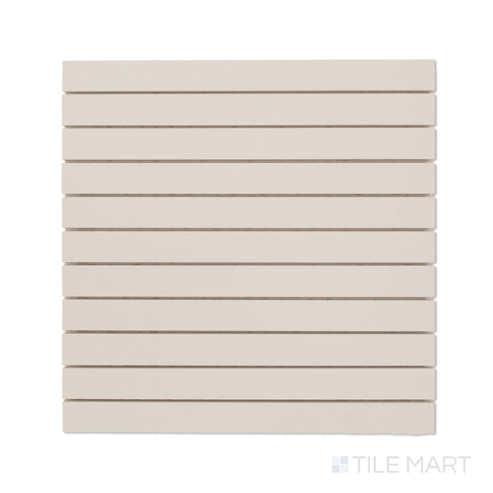 Top-down view of Sahara White 1x12 matte porcelain mosaic, with bright white narrow tiles laid out in a uniform strip mosaic.